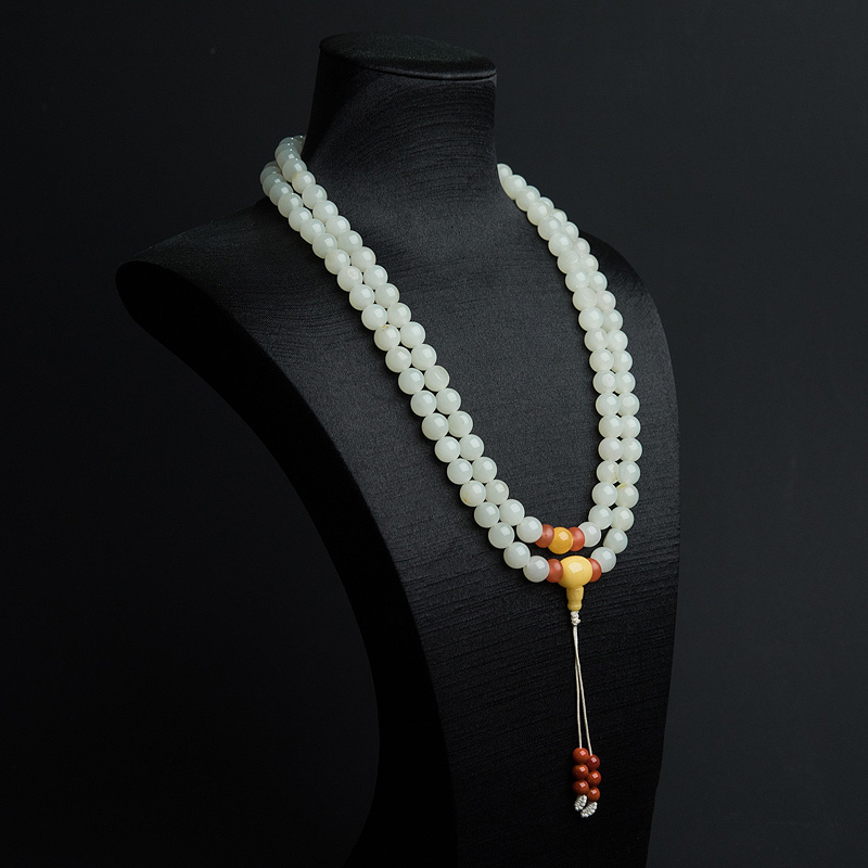 9mm和田白玉108佛珠-红掌柜