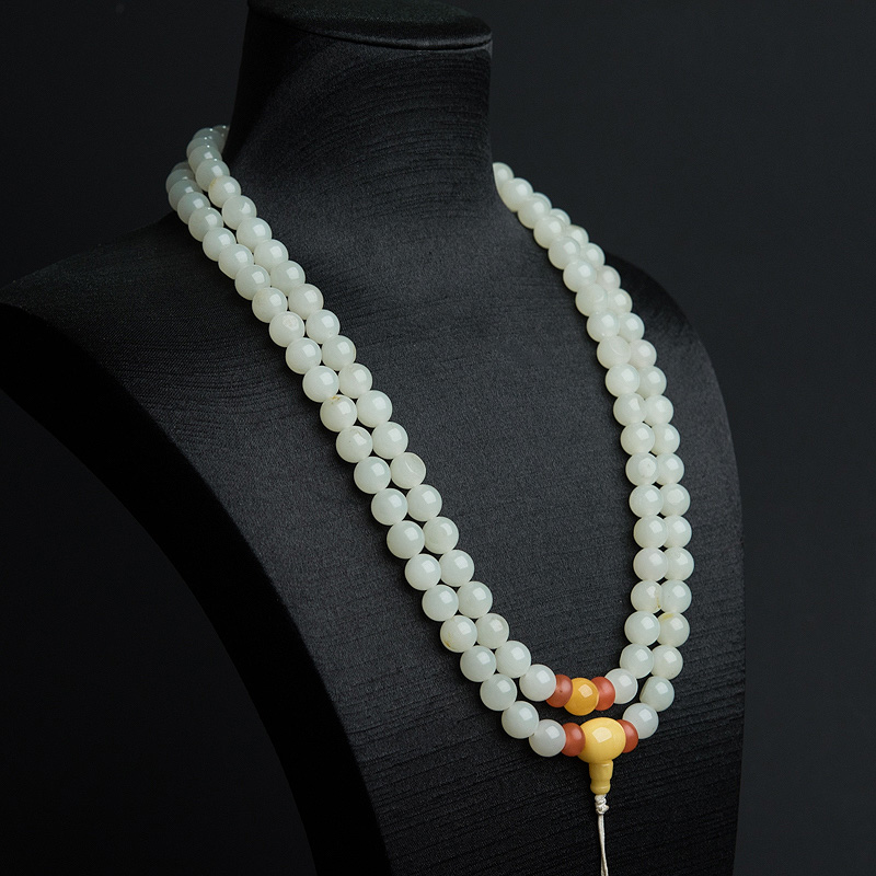 9mm籽料和田白玉佛珠-红掌柜