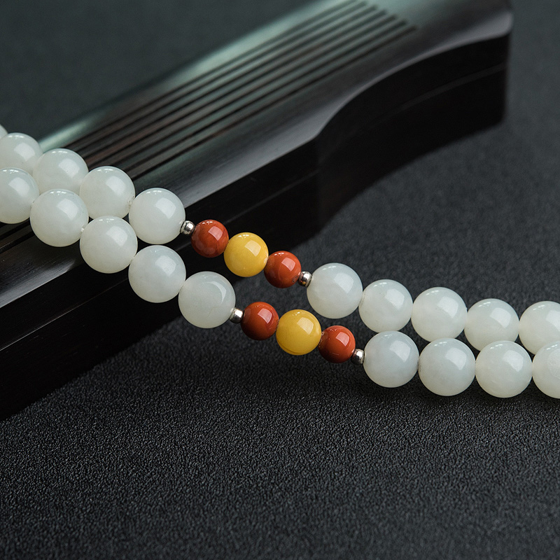 9mm籽料和田白玉佛珠-红掌柜