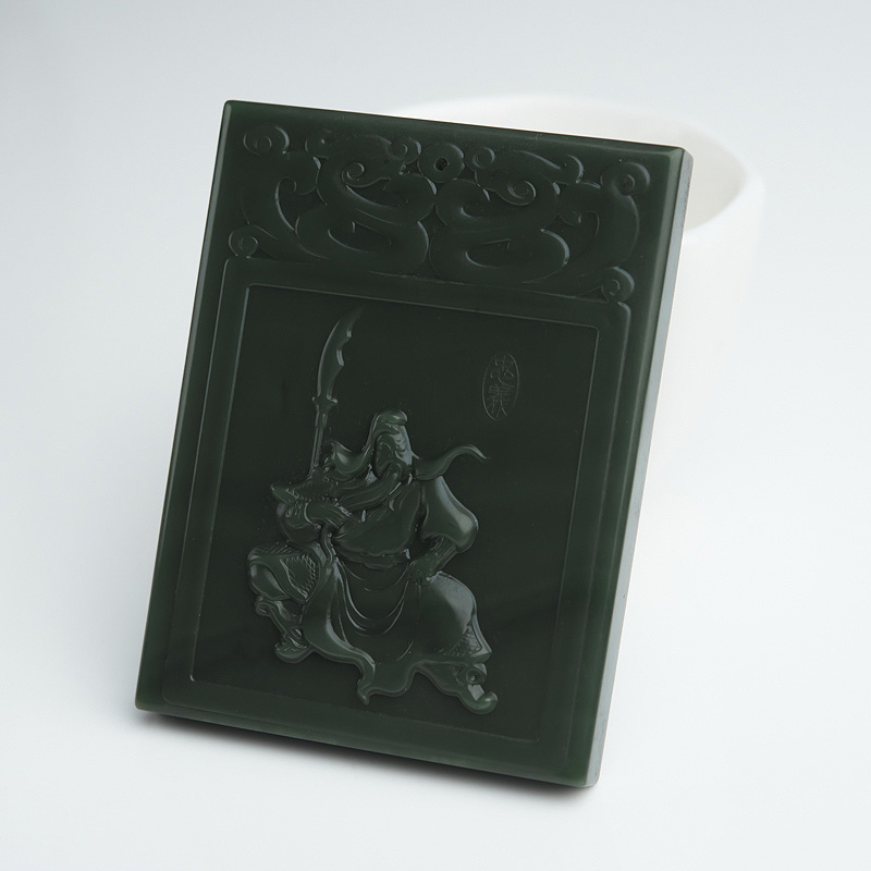 俄罗斯山料和田青玉关公吊坠-红掌柜