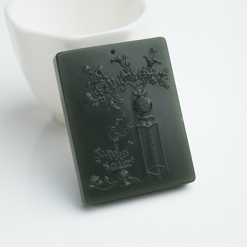 天然山料和田青玉花开富贵吊坠-红掌柜