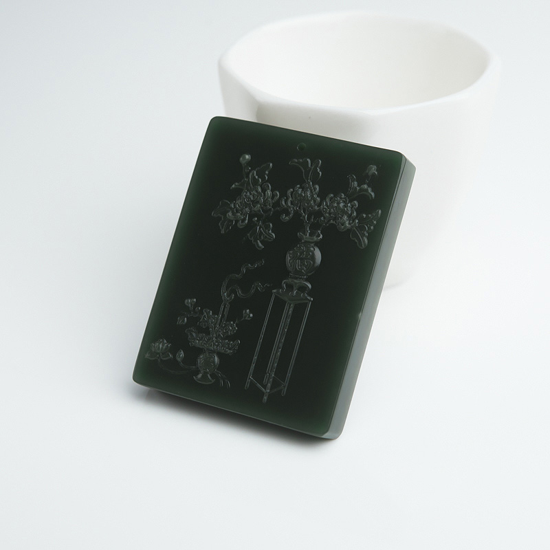 俄罗斯山料和田青玉花开富贵吊坠-红掌柜