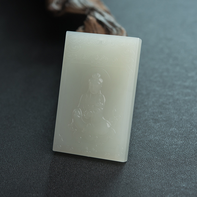 俄罗斯山料和田青白玉观音吊坠-红掌柜