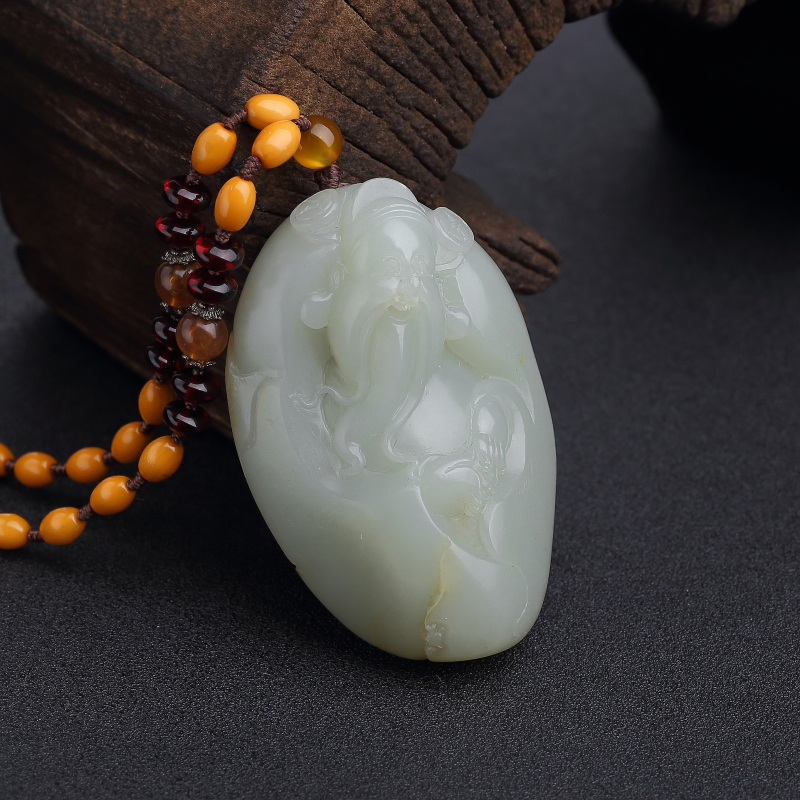 天然籽料和田青白玉财神手把件-红掌柜