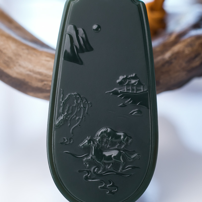 天然和田玉山水牌吊坠-红掌柜