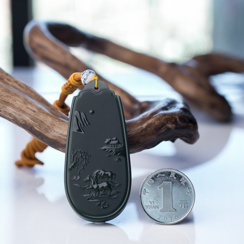 天然和田玉山水牌吊坠-红掌柜