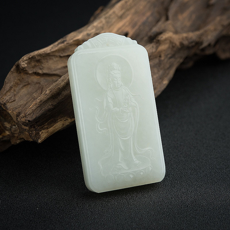 和田白玉山料观音牌吊坠-红掌柜