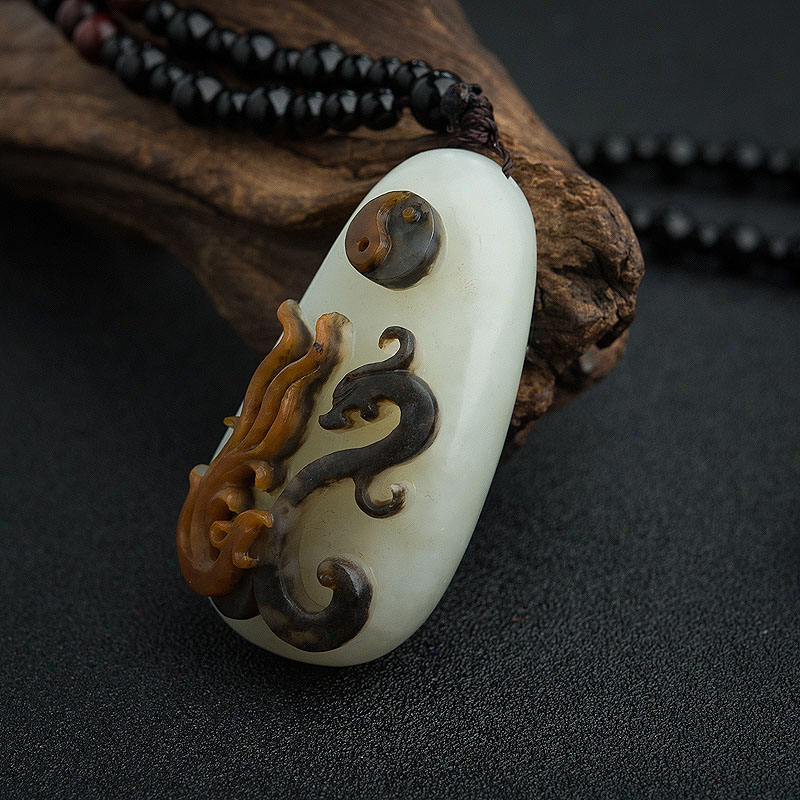 和田玉山料古龙凤吊坠 - 红掌柜