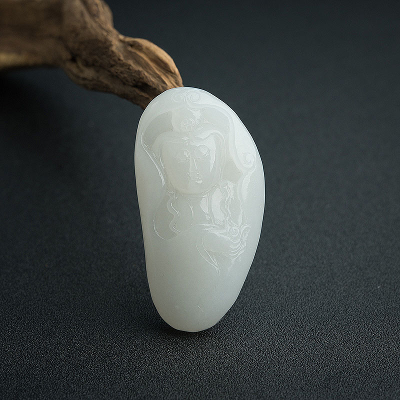 俄罗斯天然和田白玉观音吊坠 - 红掌柜