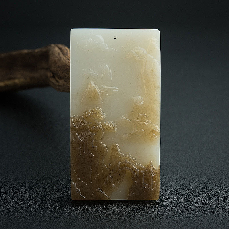 俄罗斯天然俏色和田玉山水意境牌吊坠 - 红掌柜