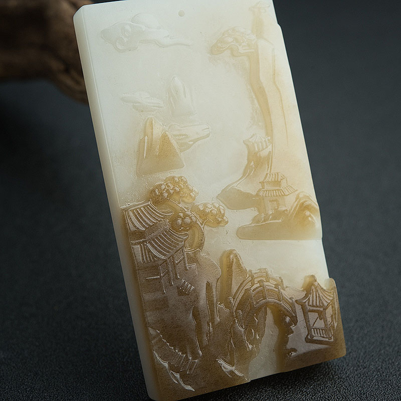 俄罗斯和田玉山水意境牌吊坠 - 红掌柜