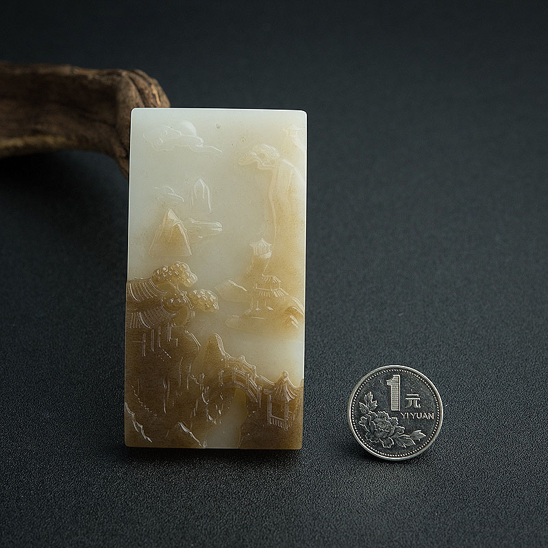 天然和田玉山水意境牌吊坠 - 红掌柜