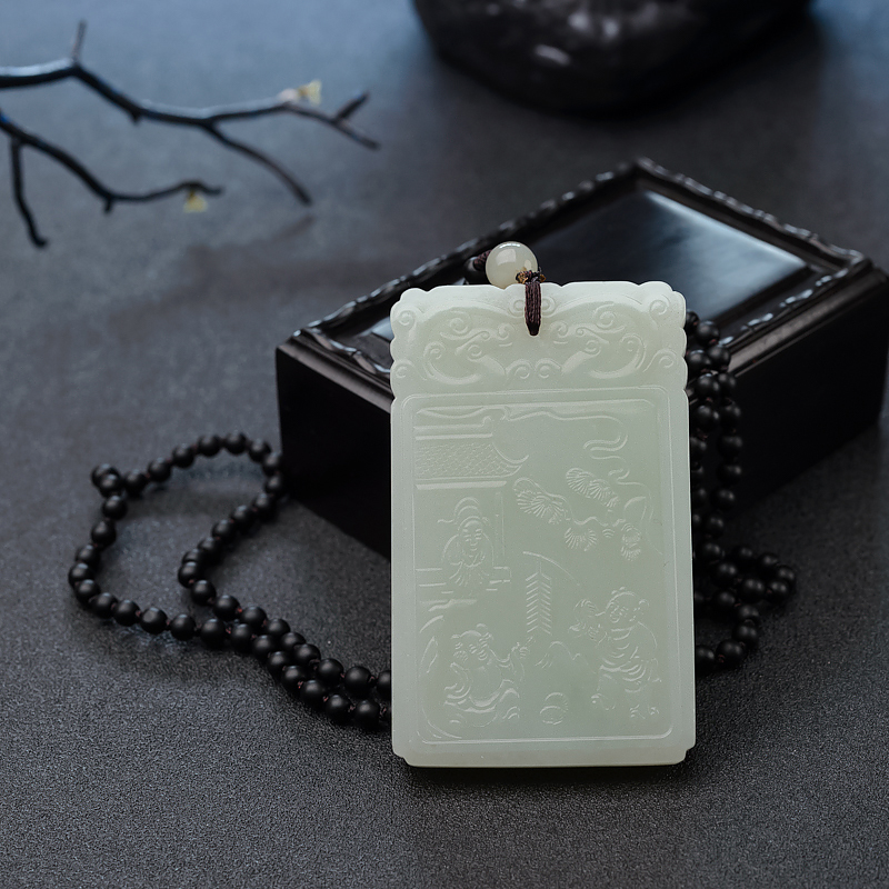 俄料天然青白玉山料欢天喜地吊坠-红掌柜