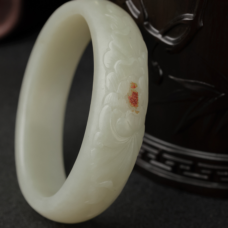 俄料天然青白玉山料贵妃镯-红掌柜