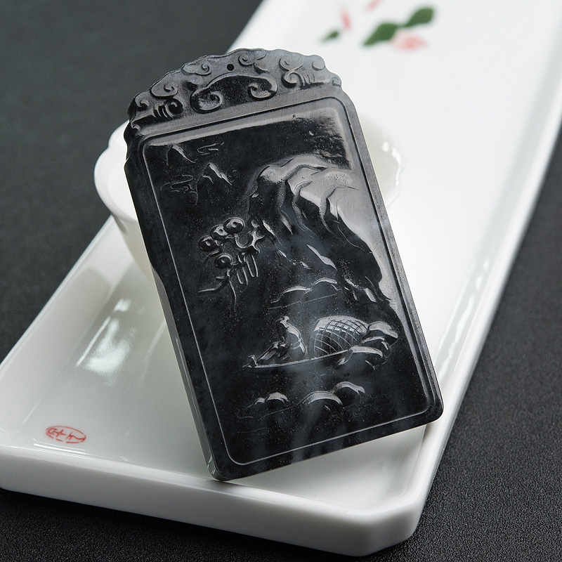 天然和田青花玉山水意境牌吊坠-红掌柜