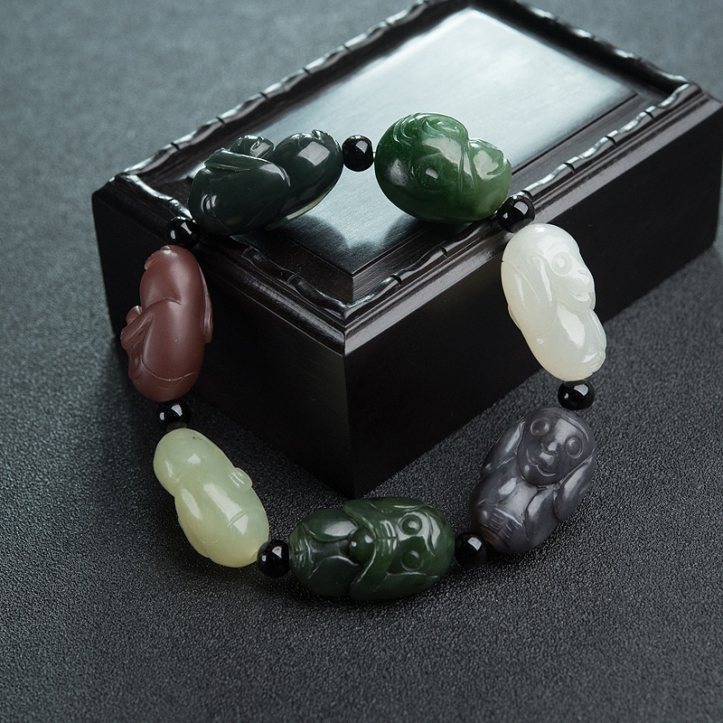 多宝和田玉三不猴单圈手串-红掌柜