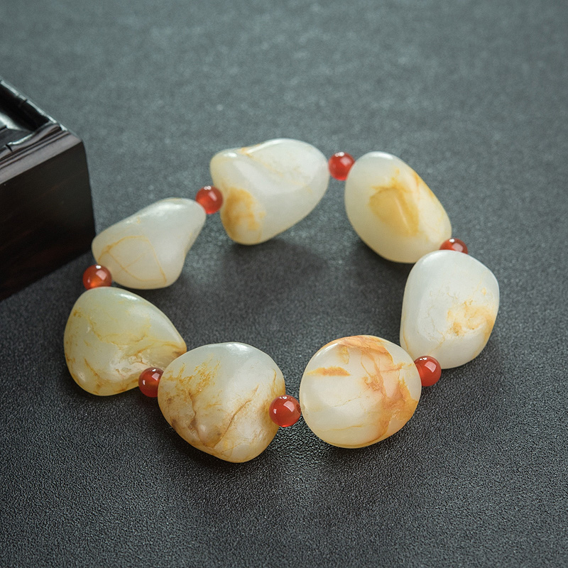 籽料俏色和田玉随形单圈手串-红掌柜