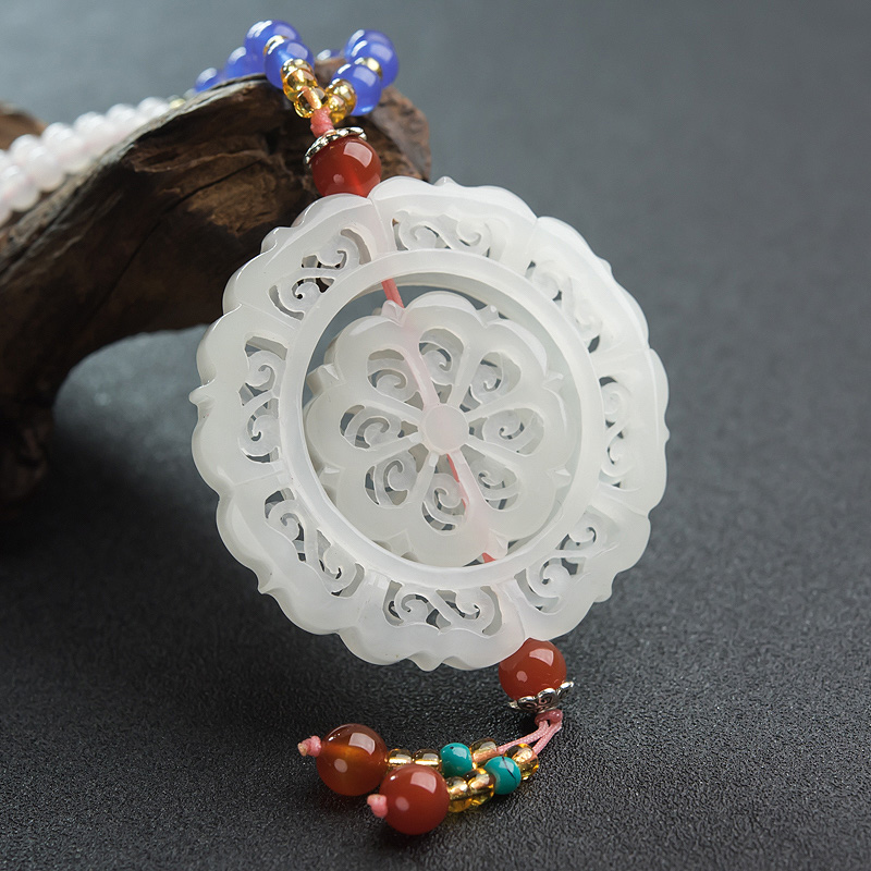天然山料和田白玉镂雕转运轮项链-红掌柜