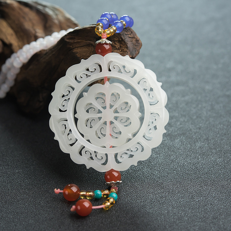 和田白玉镂雕转运轮项链-红掌柜