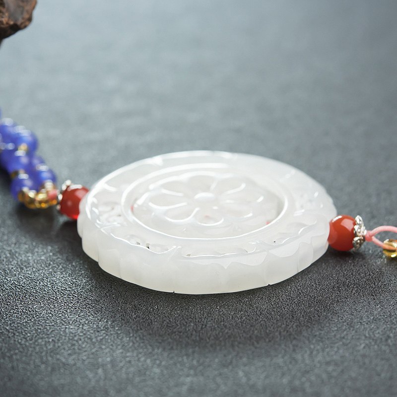 天然和田白玉镂雕转运轮项链-红掌柜