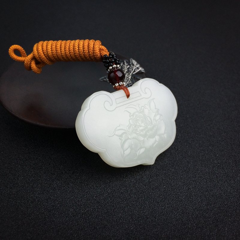 天然山料白玉花开富贵平安锁吊坠-红掌柜