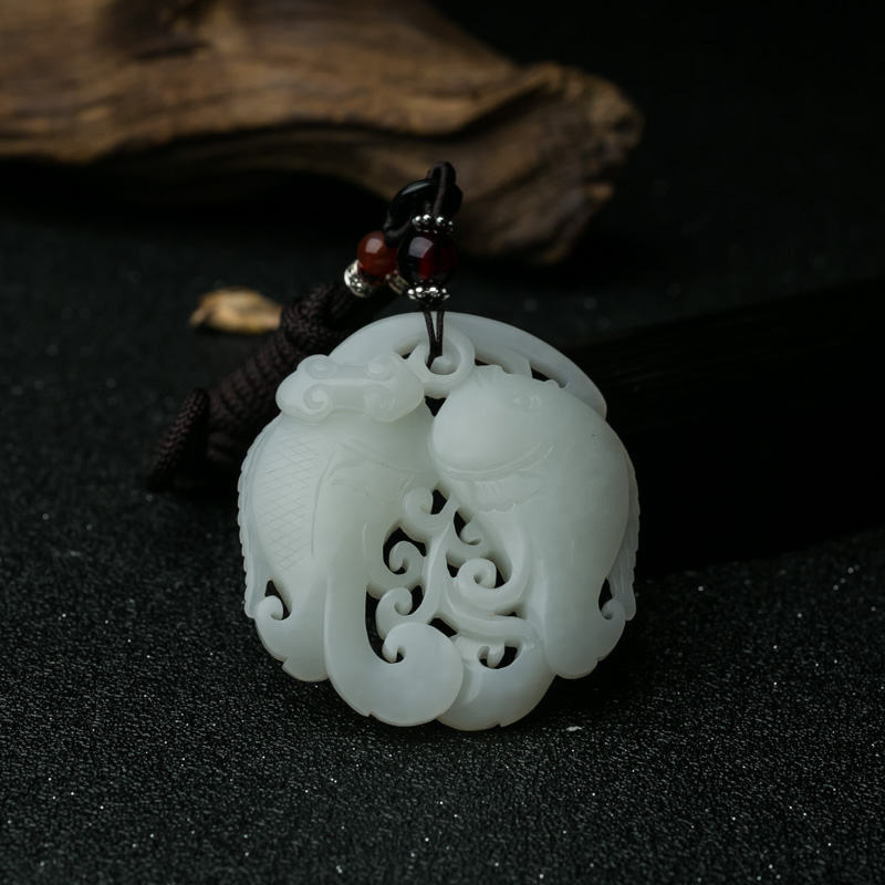 天然和田玉镂雕双鱼吊坠-红掌柜