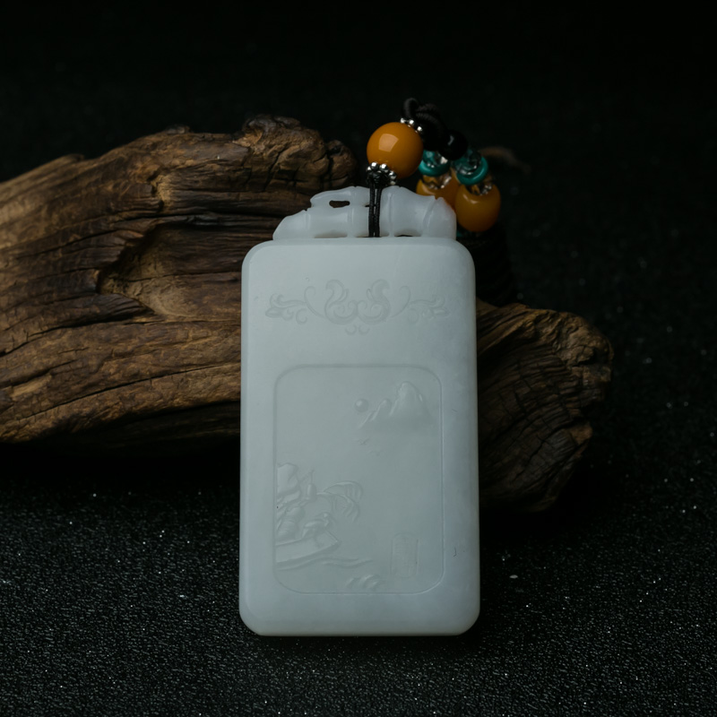 山料和田白玉山水意境牌吊坠-红掌柜