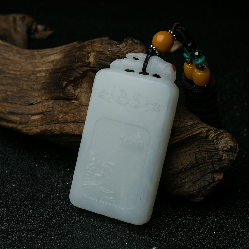 和田白玉山水意境牌吊坠-红掌柜