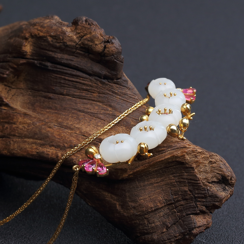 新疆天然18K镶和田白玉锁骨链-红掌柜