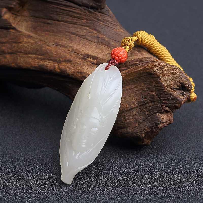 天然和田白玉一叶一菩提吊坠-红掌柜