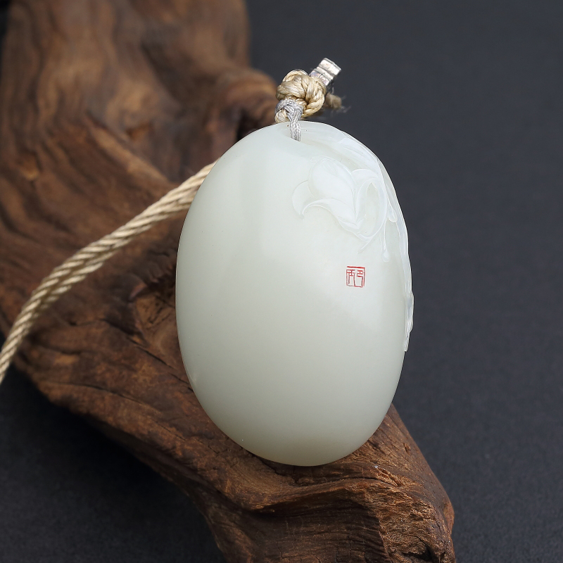 新疆天然和田白玉花鸟吊坠-红掌柜