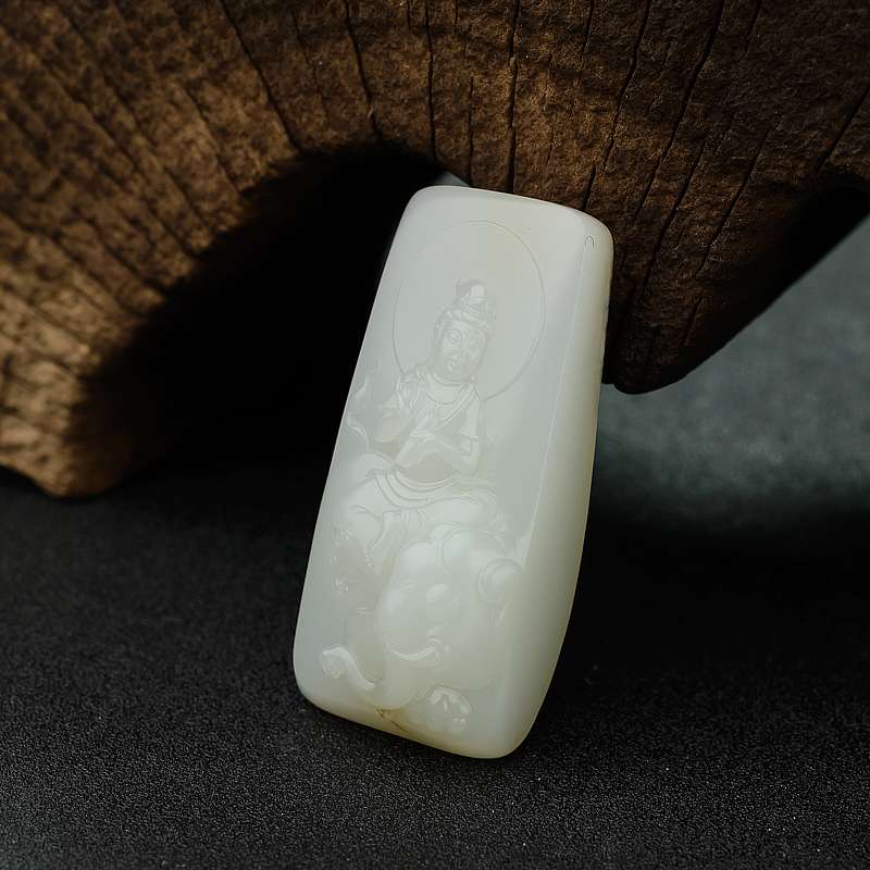 天然籽料和田白玉普贤菩萨吊坠 - 红掌柜