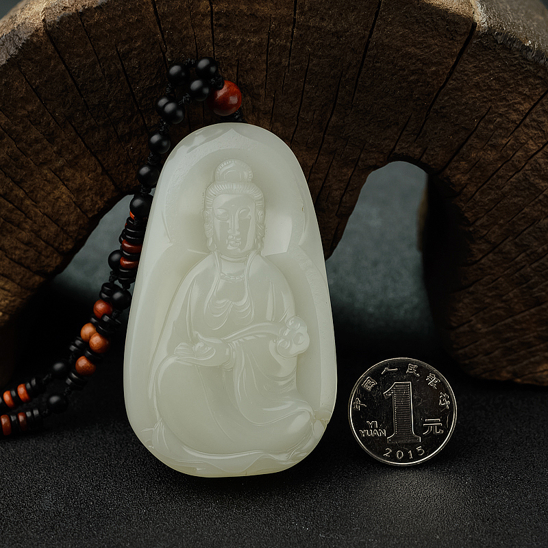 天然籽料和田玉观音吊坠 - 红掌柜