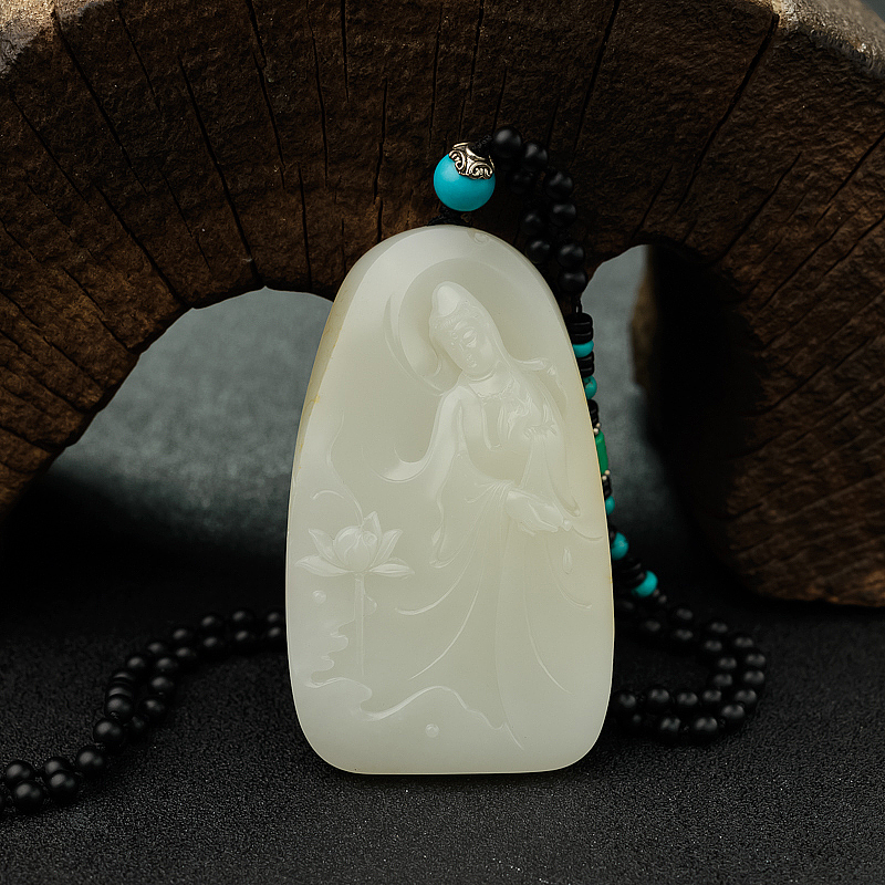 新疆天然籽料和田白玉观音吊坠 - 红掌柜