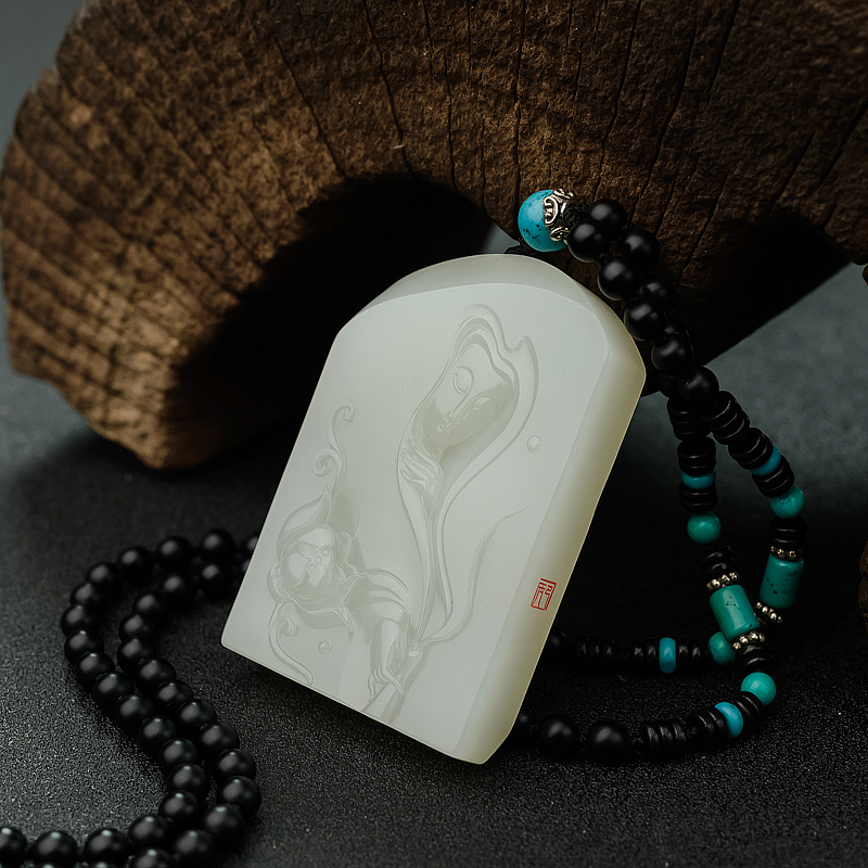 天然籽料和田白玉观音吊坠 - 红掌柜