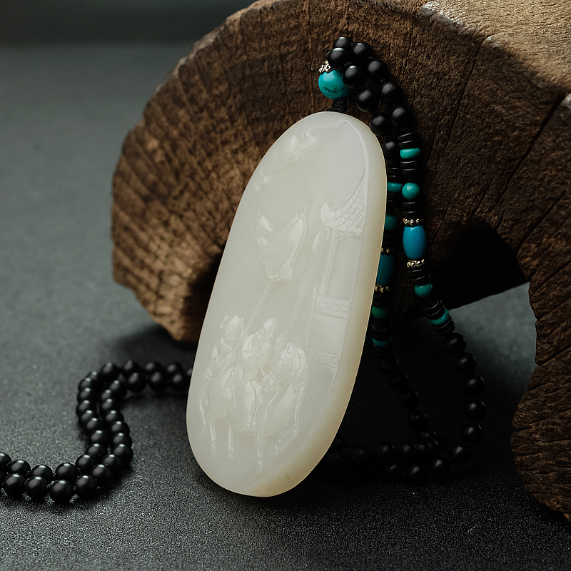 天然籽料和田白玉带子上朝吊坠 - 红掌柜