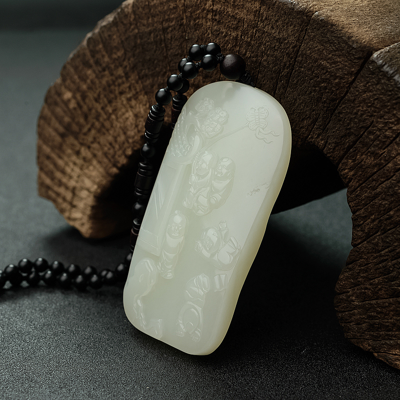 天然籽料和田白玉多子多福吊坠 - 红掌柜