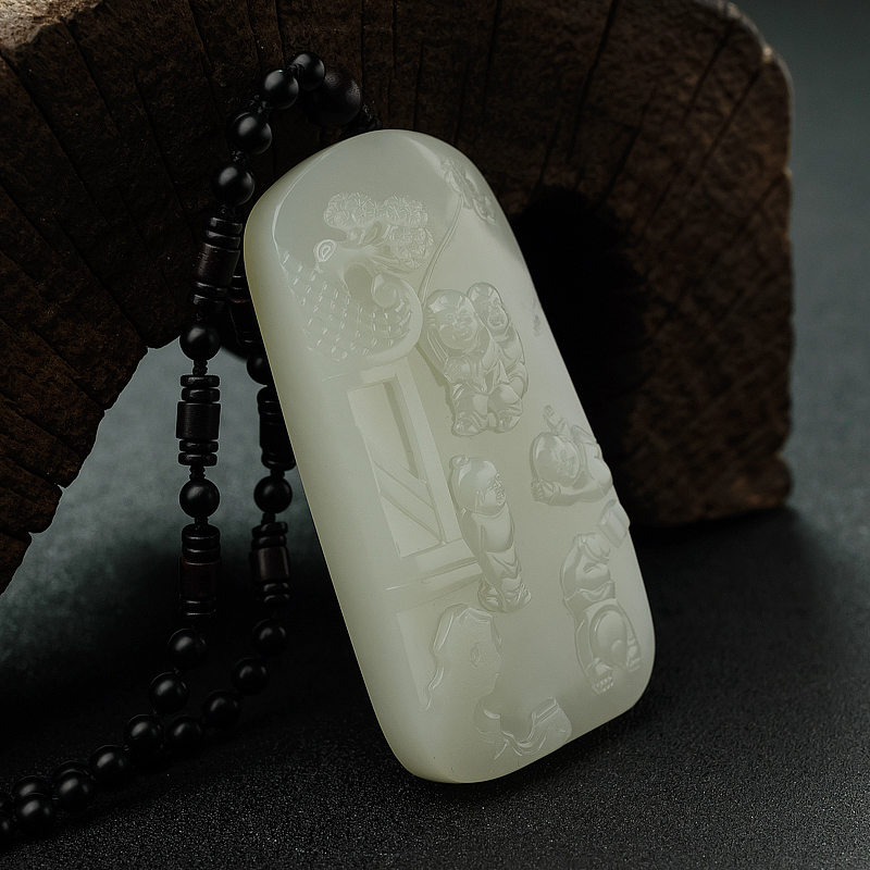 籽料和田白玉多子多福吊坠 - 红掌柜