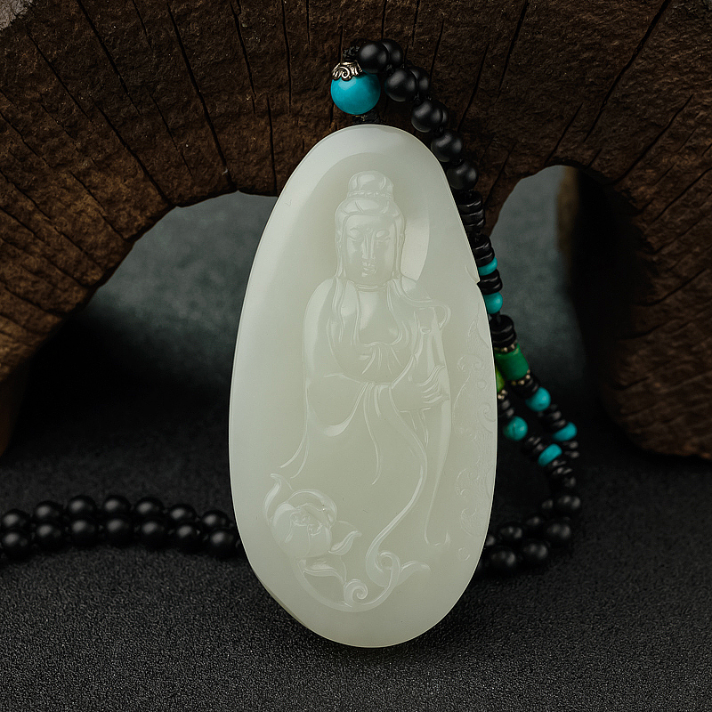 新疆天然籽料和田白玉观音吊坠 - 红掌柜