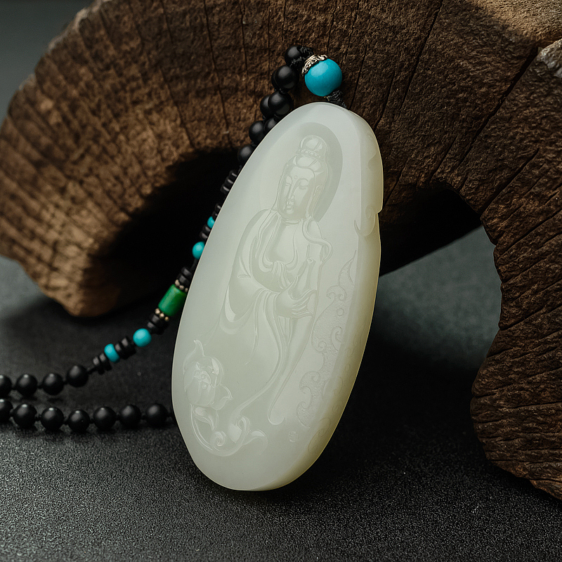 天然籽料和田白玉观音吊坠 - 红掌柜