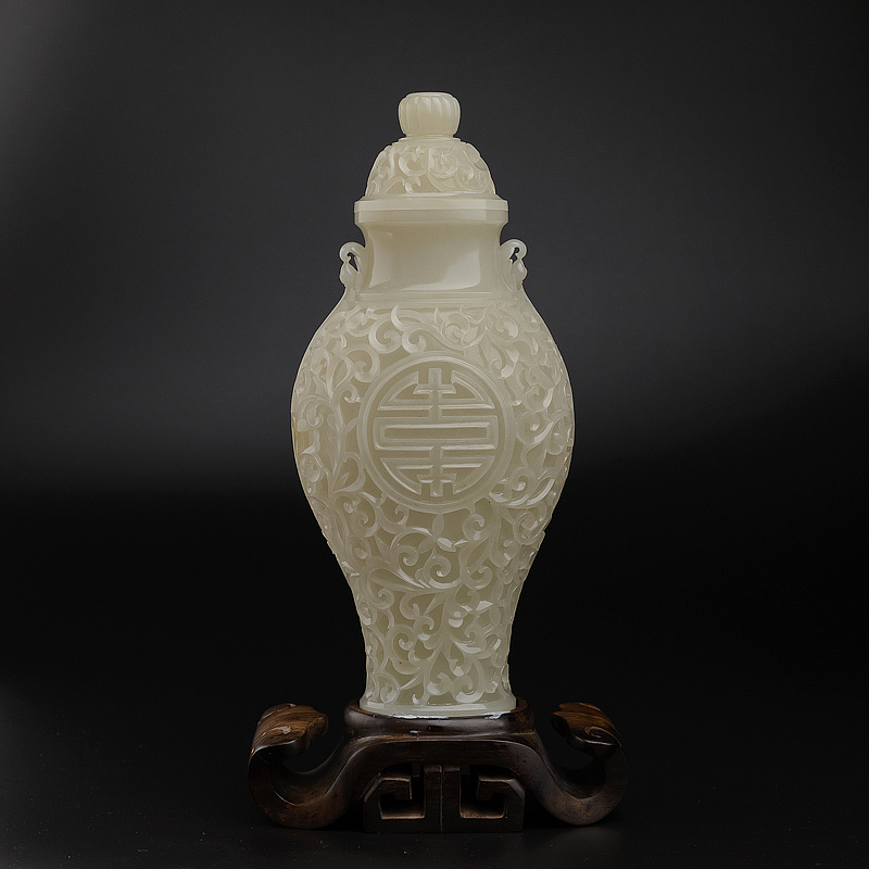 新疆天然和田白玉寿瓶摆件-红掌柜