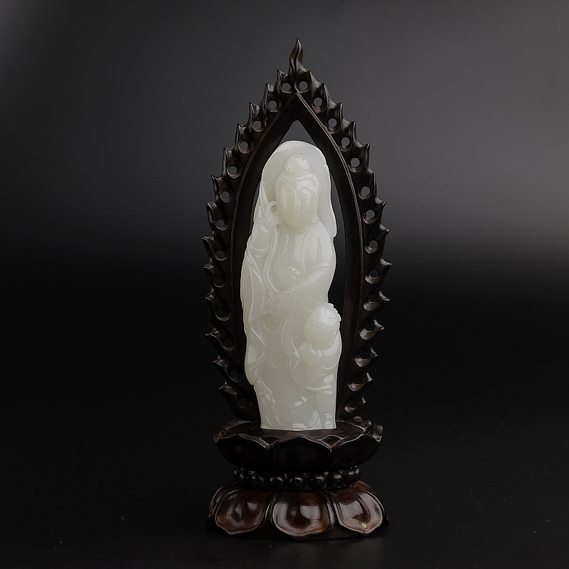 新疆天然籽料和田白玉送子观音摆件-红掌柜