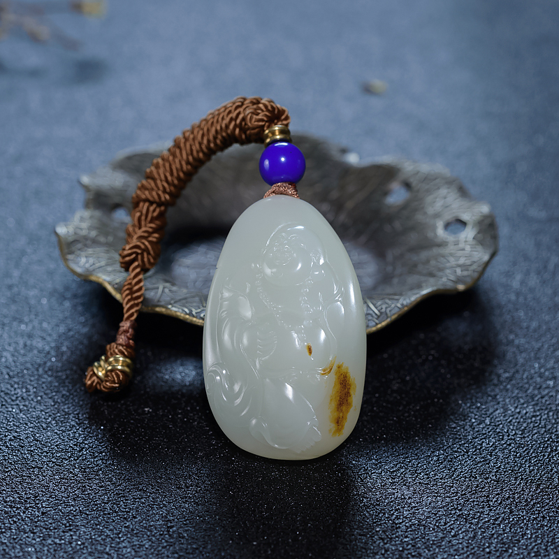 新疆天然籽料和田白玉弥勒佛吊坠-红掌柜