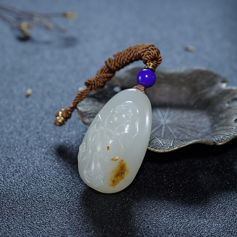 天然籽料和田白玉弥勒佛吊坠-红掌柜