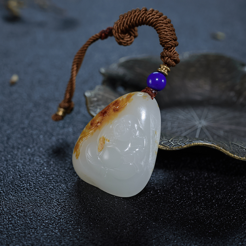 天然籽料俏色和田玉弥勒佛吊坠-红掌柜