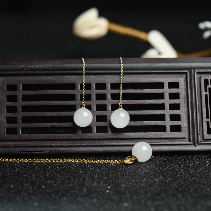 18K金镶山料和田白玉吊坠/耳坠两件套-红掌柜