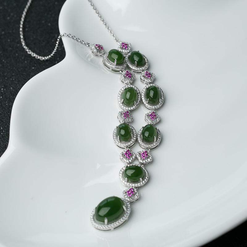 天然银镶山料和田碧玉套装-红掌柜