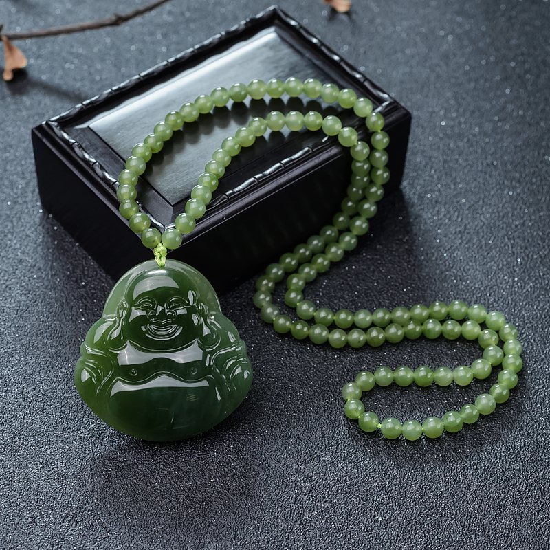 山料和田碧玉弥勒佛项链-红掌柜