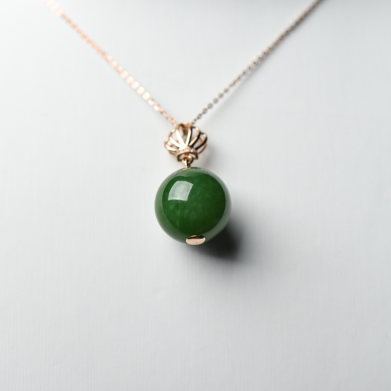 18K金镶山料和田碧玉圆珠项链-红掌柜