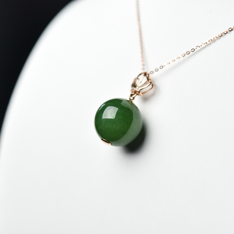 18K15.5mm山料和田碧玉圆珠项链-红掌柜